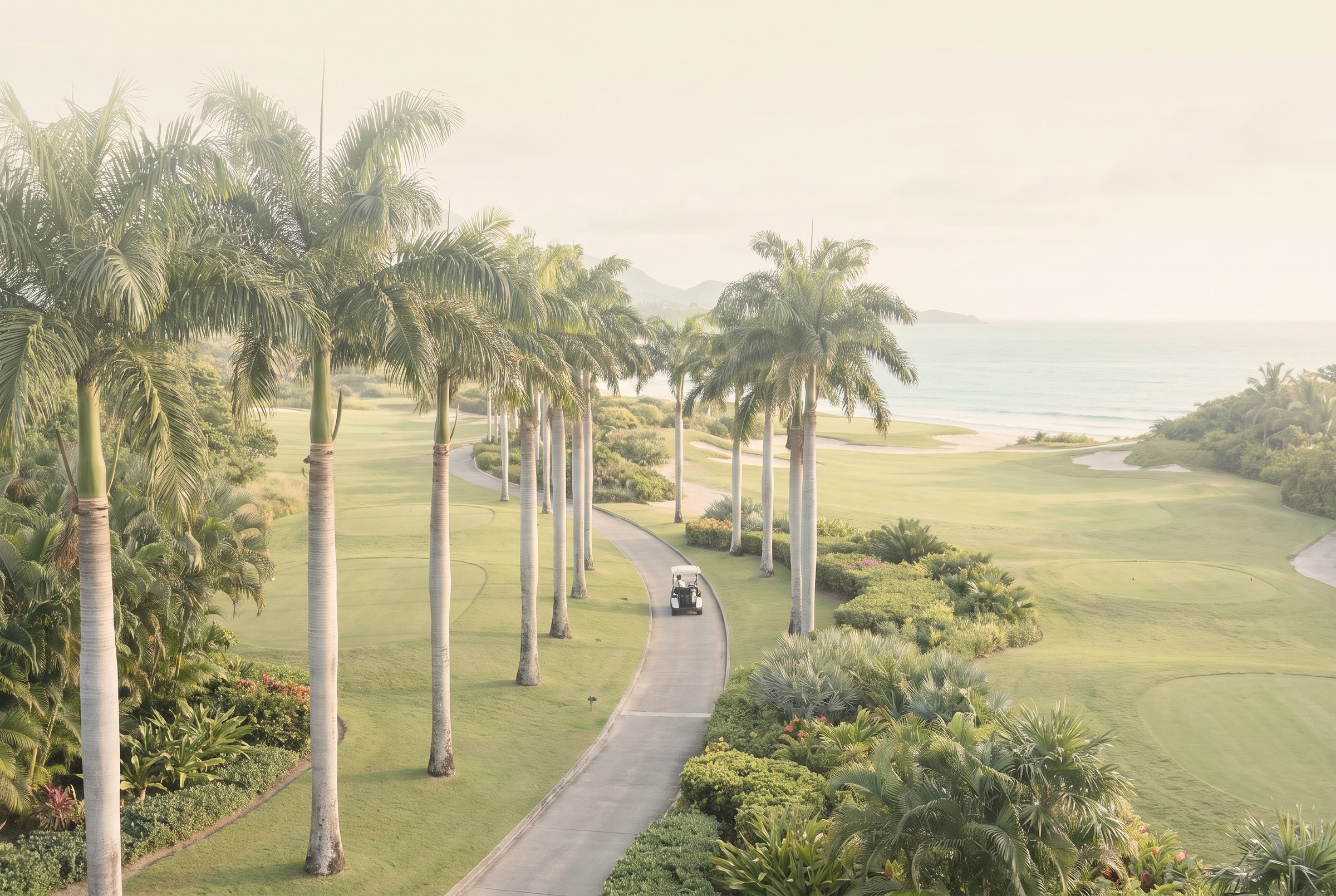 Avenida de palmas entre campos de golf frente al mar, con un carrito de golf a lo lejos
